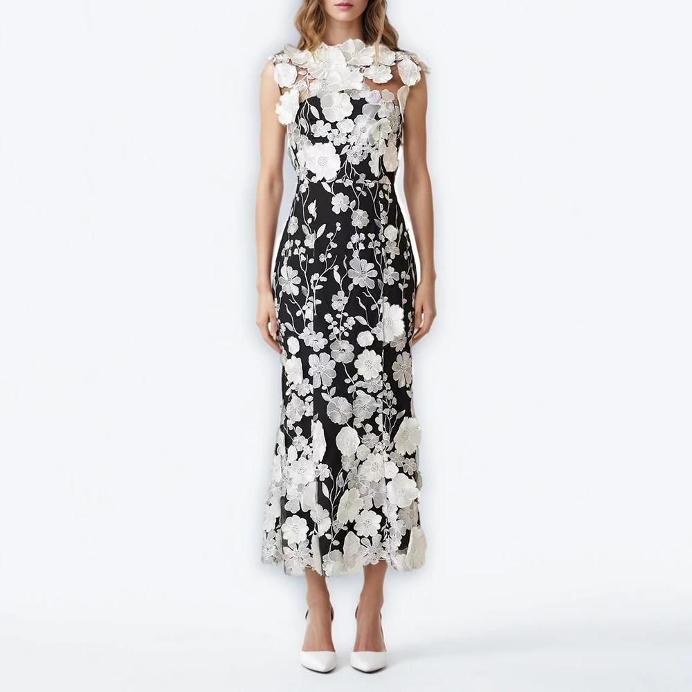 TWOTWINSTYLE Solide Abnehmen Verstärktes Applikationen Kleider für Frauen Rundhals Ärmellose Patchwork Sheer Temperament Kleid Weibliche Neue