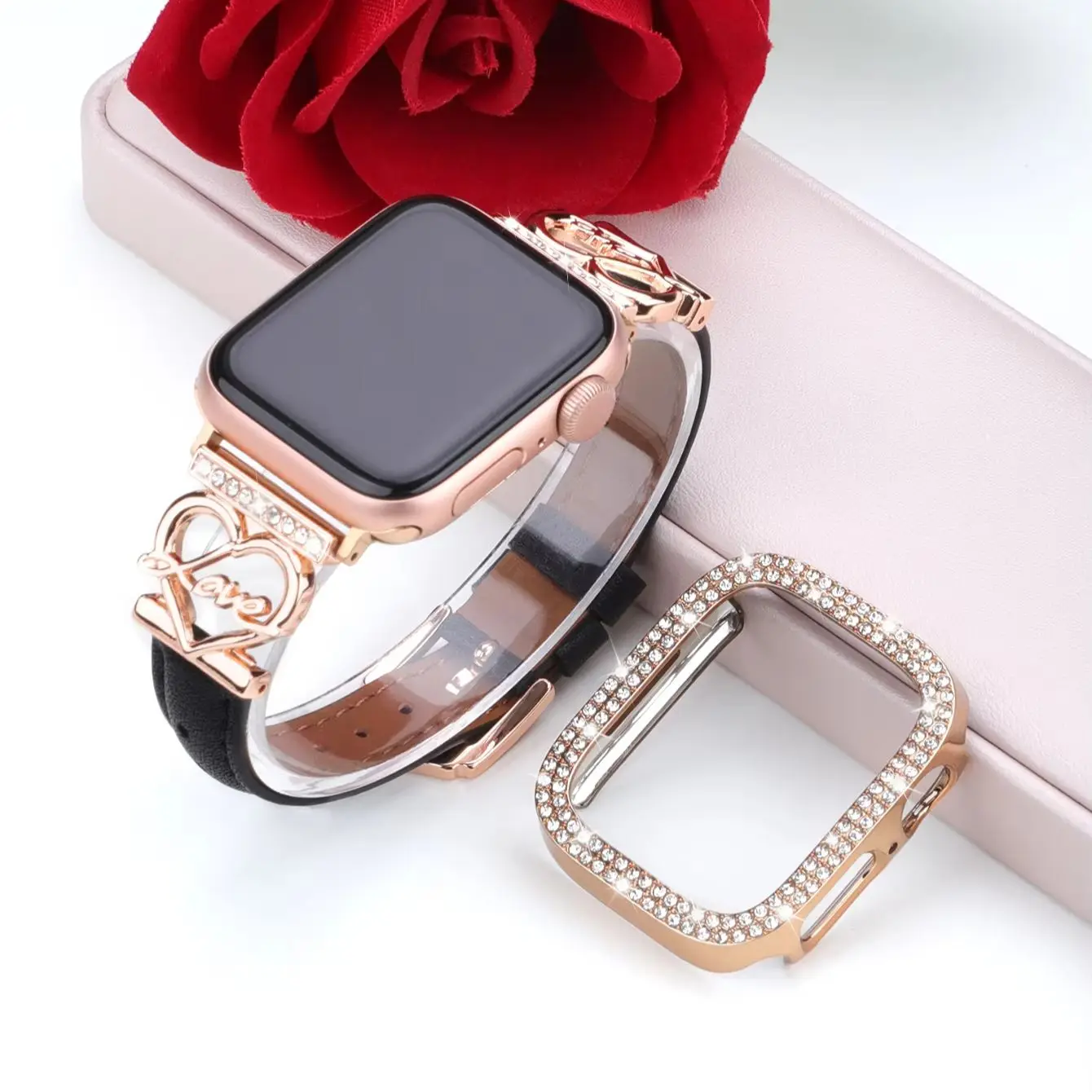 watch band+case for Apple Watch 40/41/44/45/42/46mm, elegant Love strap+sparkling diamond protective case.for Series11 10 987654 - view 4