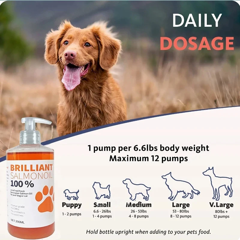 8 fl oz 200ML PET BRILLIANT SALMON OIL Natural No Chemical Treatment 21 Omega Fatty Acids Nutritional Supplements for Dogs