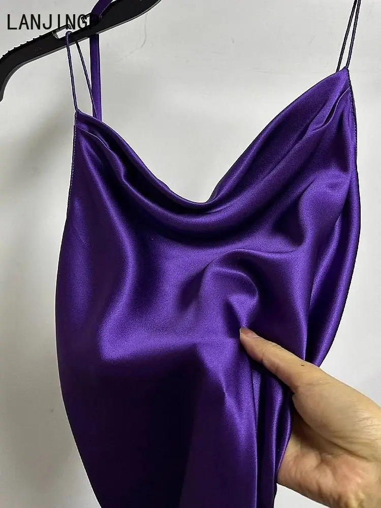 فستان صيفي بنمط هيبورن الفرنسي الفاخر مع حمالة من الساتان الأرجواني لعيد الميلاد فستان نسائي #4