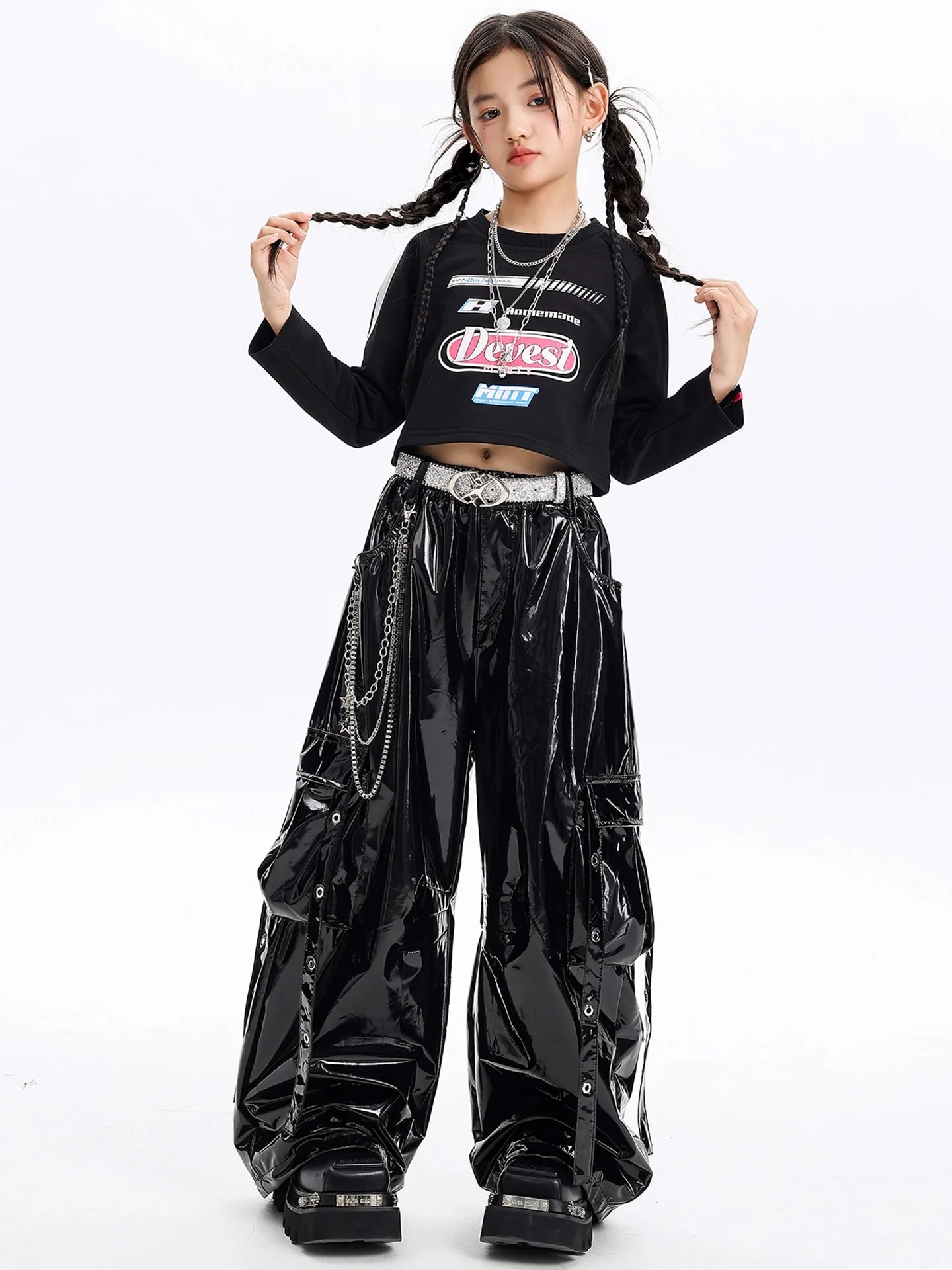 Top a maniche lunghe per bambini Pantaloni lucidi Abiti per spettacoli di danza jazz Kpop Ragazze Squadra Hiphop Costumi di danza di strada DQL11988