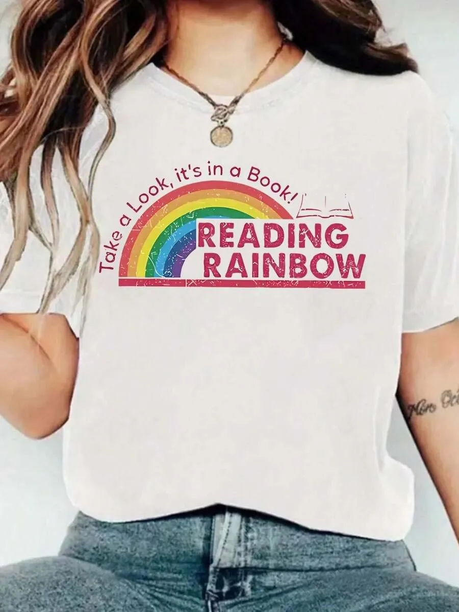 

Футболка с рисунком телешоу в стиле ретро «Reading Rainbow», большие размеры, белая с коротким рукавом