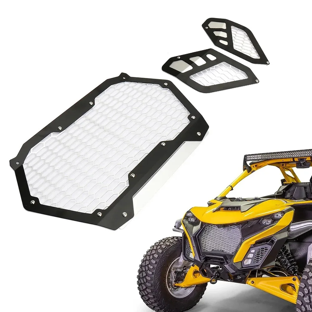 3pcs Motorbike Aluminum UTV Driving Front Mesh Grille Kit For Can-Am Maverick R 2024 2025