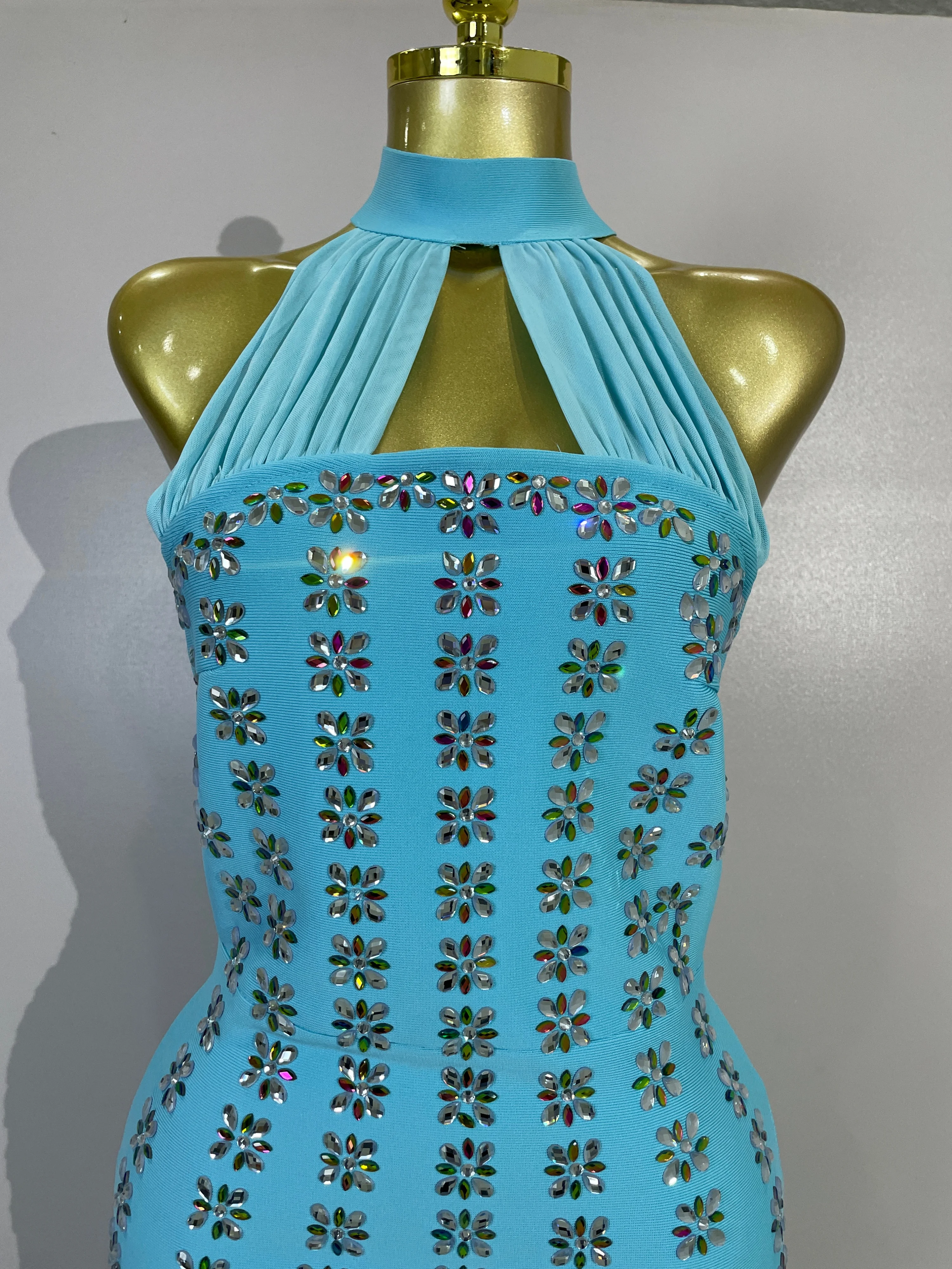 Women Sky Blue Pleat Halter Shining Rhinestones Sexy Backless Bodycon Bandage Long Dress Elegance Eveing Party Birthday Dresses
