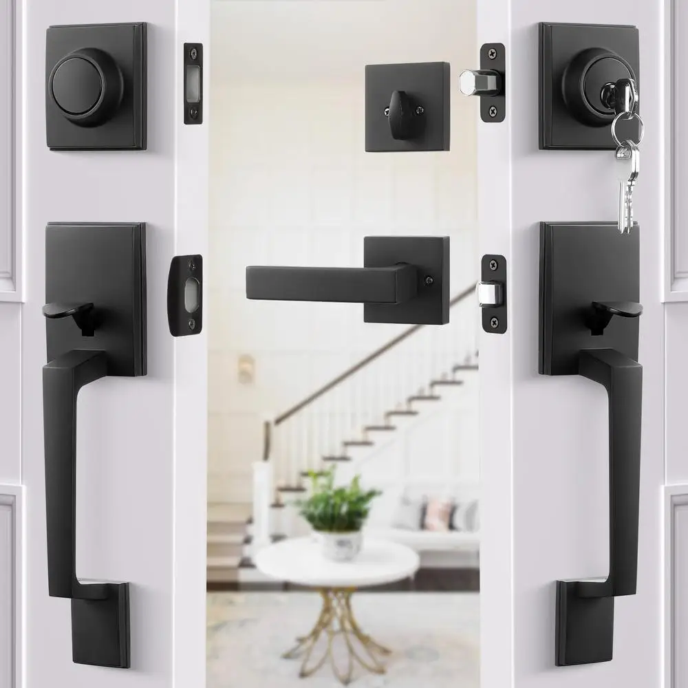 Matte Black Heavy Duty Double Door Handle Set with Deadbolt Zinc Alloy Material Adjustable Latch Elegant Square Shape Fits