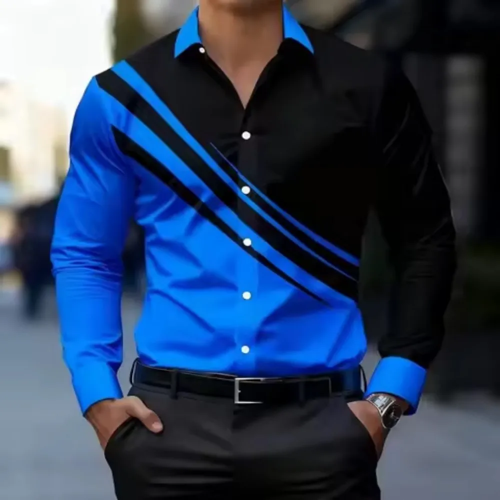 Men's 3D Printed Striped Business Casual Shirt with Long Sleeved Collar for Outdoor Use, Foldable