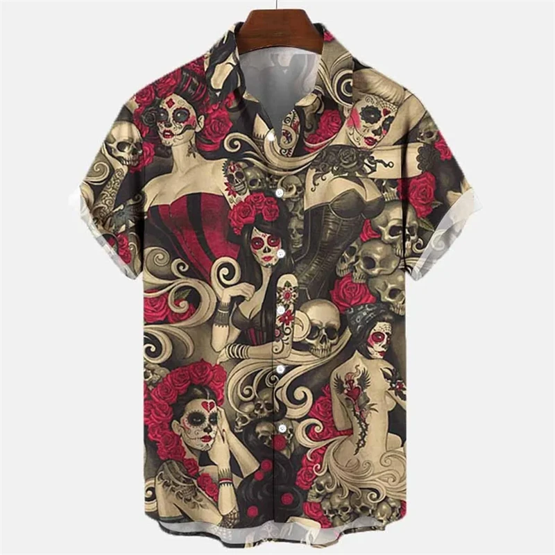 Punk Mermaid Skull 3D Print Blouses Fashion Hawaiian Short Sleeve Casual Vacation Shirts For Men Clothing Hip Hop Y2k Beach Tops