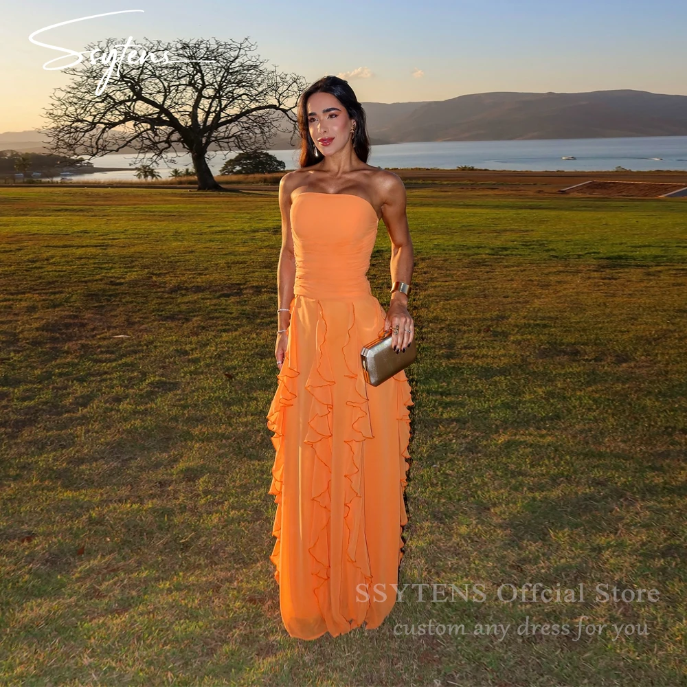 

SSYTENS Orange Strapless Evening Dresses Elegant Beach Prom Dress Hand-pleated Ruffles Wedding Prom Party Dress Customized