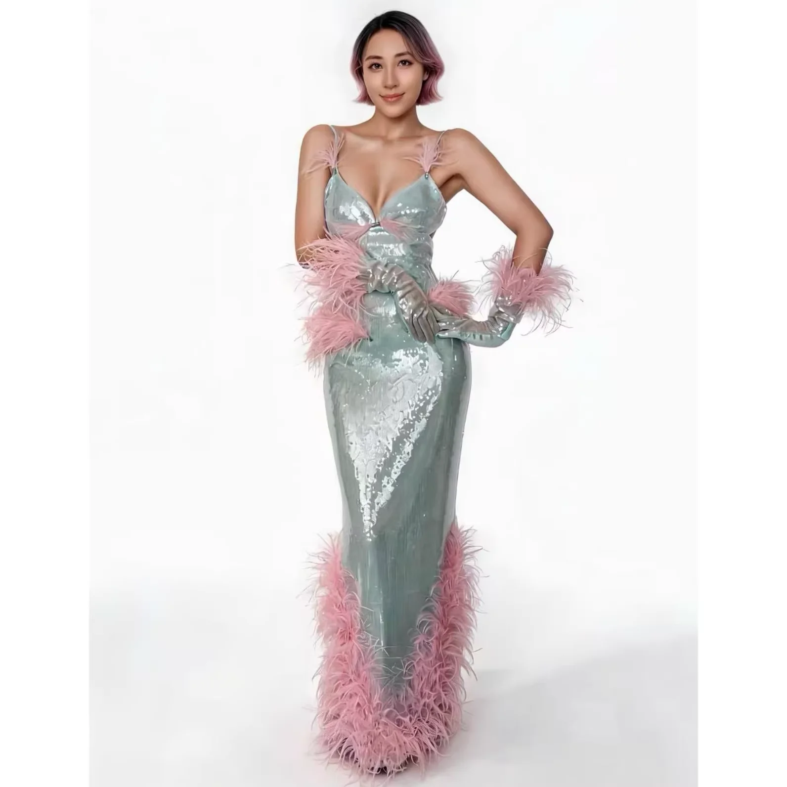 Sexy Suspender Backless Ostrich Feathers Long Dress Gloves for Women Evening Prom Celebrate Birthday Dress Photo Shoot Wear view 3