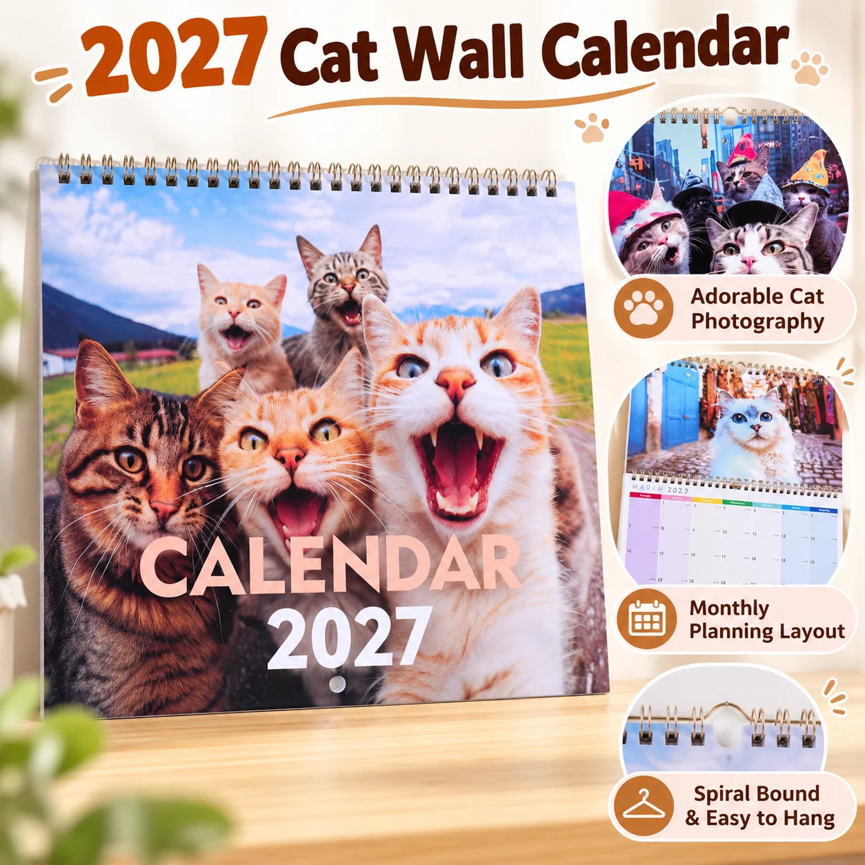 2027 Funny Cat Wall Calendar, Twin-wire Spiral Bound Monthly Planner Clear Print Hanging For Home Office Decor Cat Lover Gift