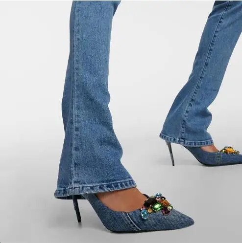 

New Women Blue Jeans Denim Bling Colorful Crystal Diamond Front Pointed Toe Shallow Slip On Thin Heels Pumps Female Party Shoes