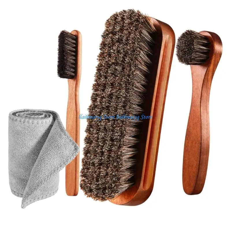 573B Horsehair Shines Shoes Brush Set Polish Dauber Applicators Cleaning Leather Shoes Boot Care Brushes Cleaner with Cloth