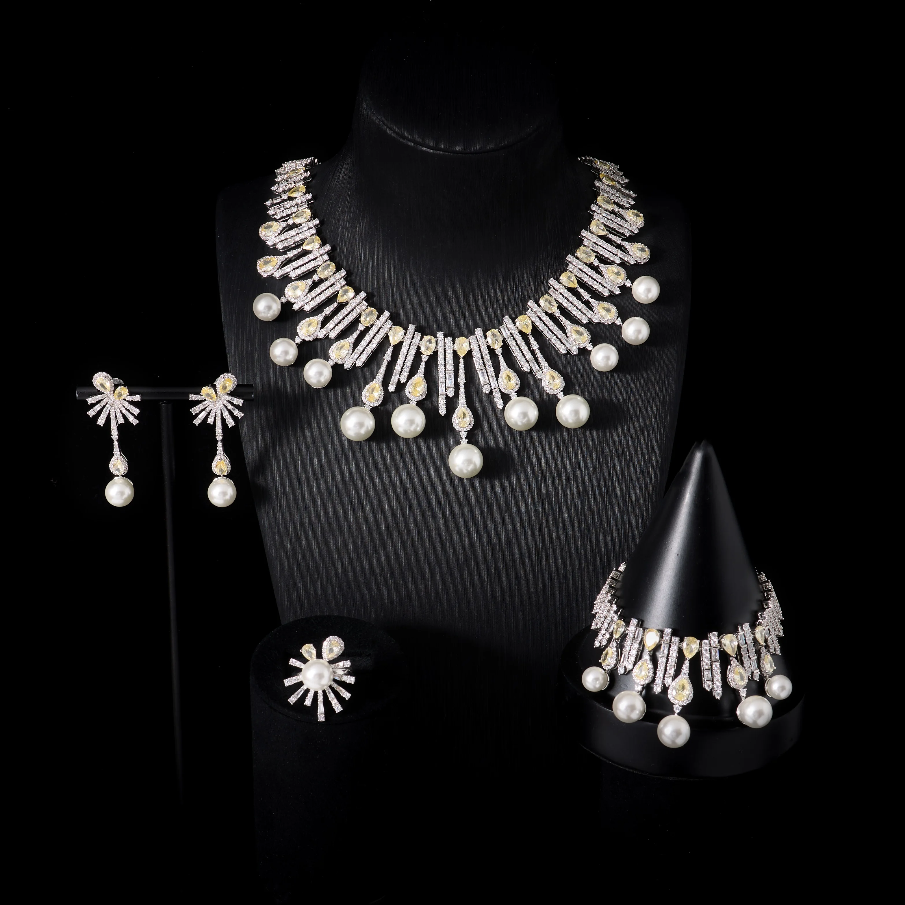 IN JEWELIFE Wedding Bridal Jewelry Set 4Pcs Pearl Cubic Zirconia Necklace Earrings Bracelet Ring Set Perfect for Bridesmaids/Eng