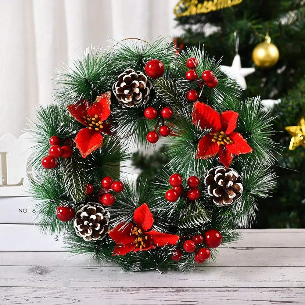 1Pc Christmas Wreath for Front Door,Artificial Wreath with Red Flowers Pinecones Fruit Leaves Snowflakes,Indoor Outdoor Home