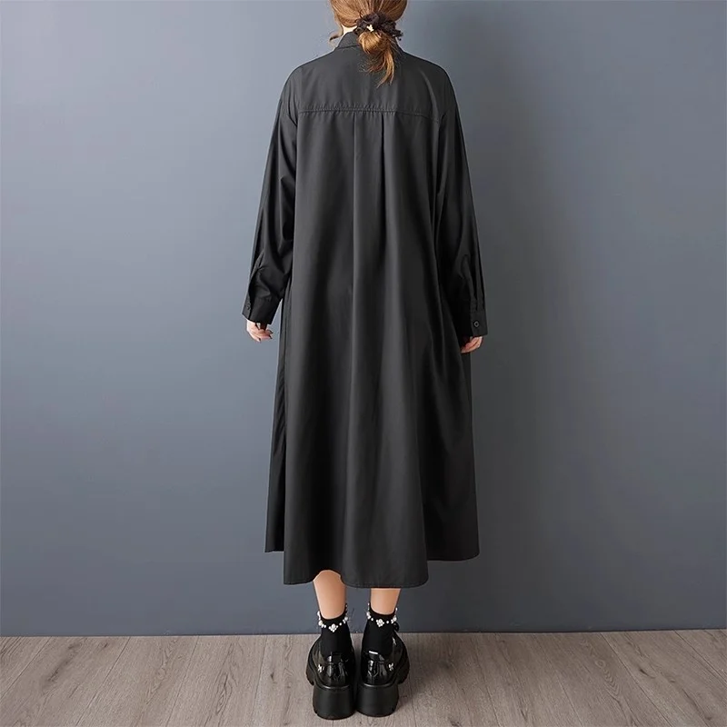 Spring And Autumn Shirt Dress Loose Dark Design With Irregular Wrinkle Splicing Temperament Single Breasted Robe W1632