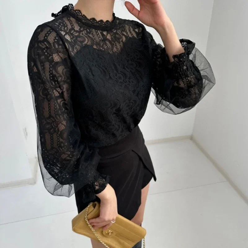 

Женская офисная блузка с воротником-стойкой, элегантная кружевная сетчатая блузка с длинным рукавом, модная свободная одежда в Корейском стиле, весна-осень 28054