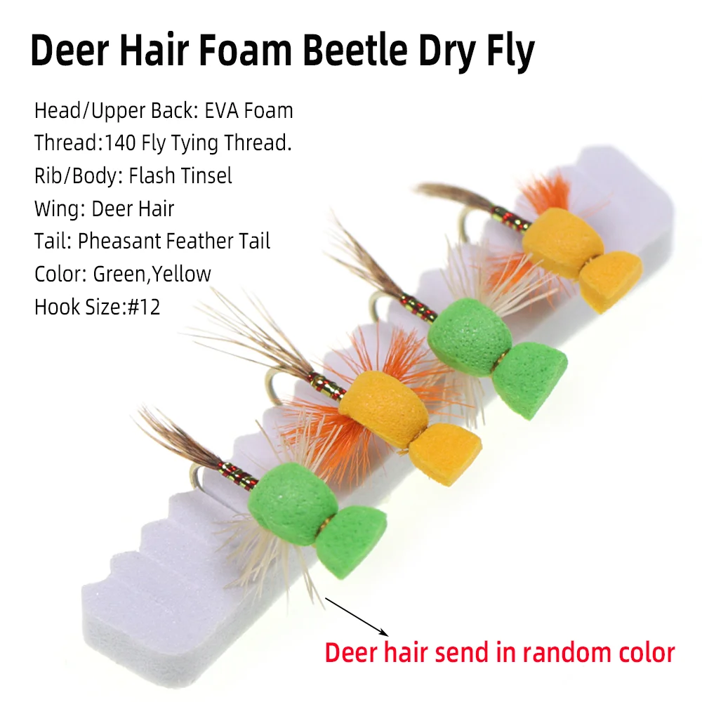 Wifreo 6pcs/box Floating Foam Beetle Deer Hair Dry Fly Artificial Insect Fly Fishing Flies Trout Bass Panfish Fishing Lure Baits