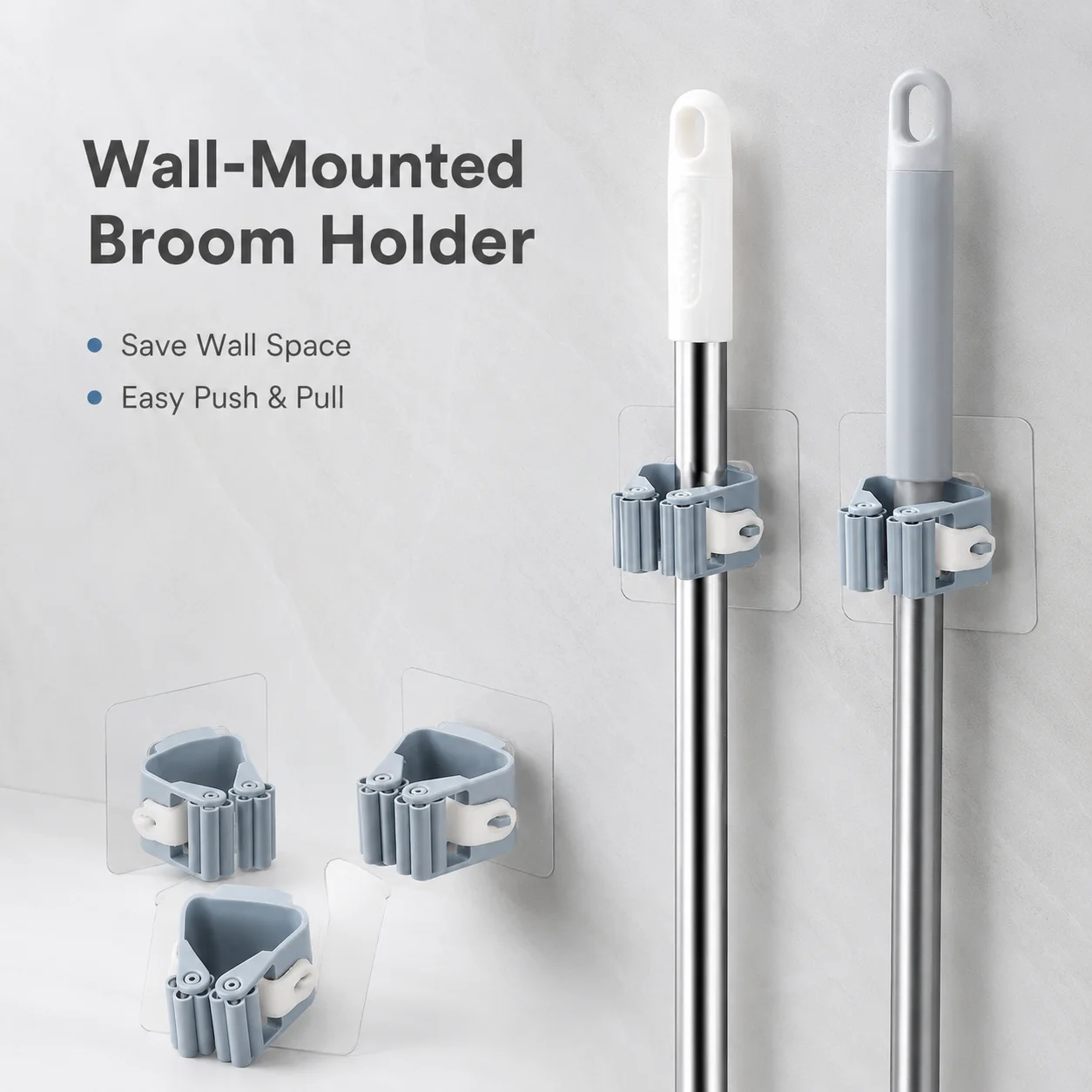 5PCS Mop Broom Holder Self Adhesive Wall Mounted No Drill Handle Clip Cleaning Tool Organizer Bathroom Kitchen Storage Rack Home