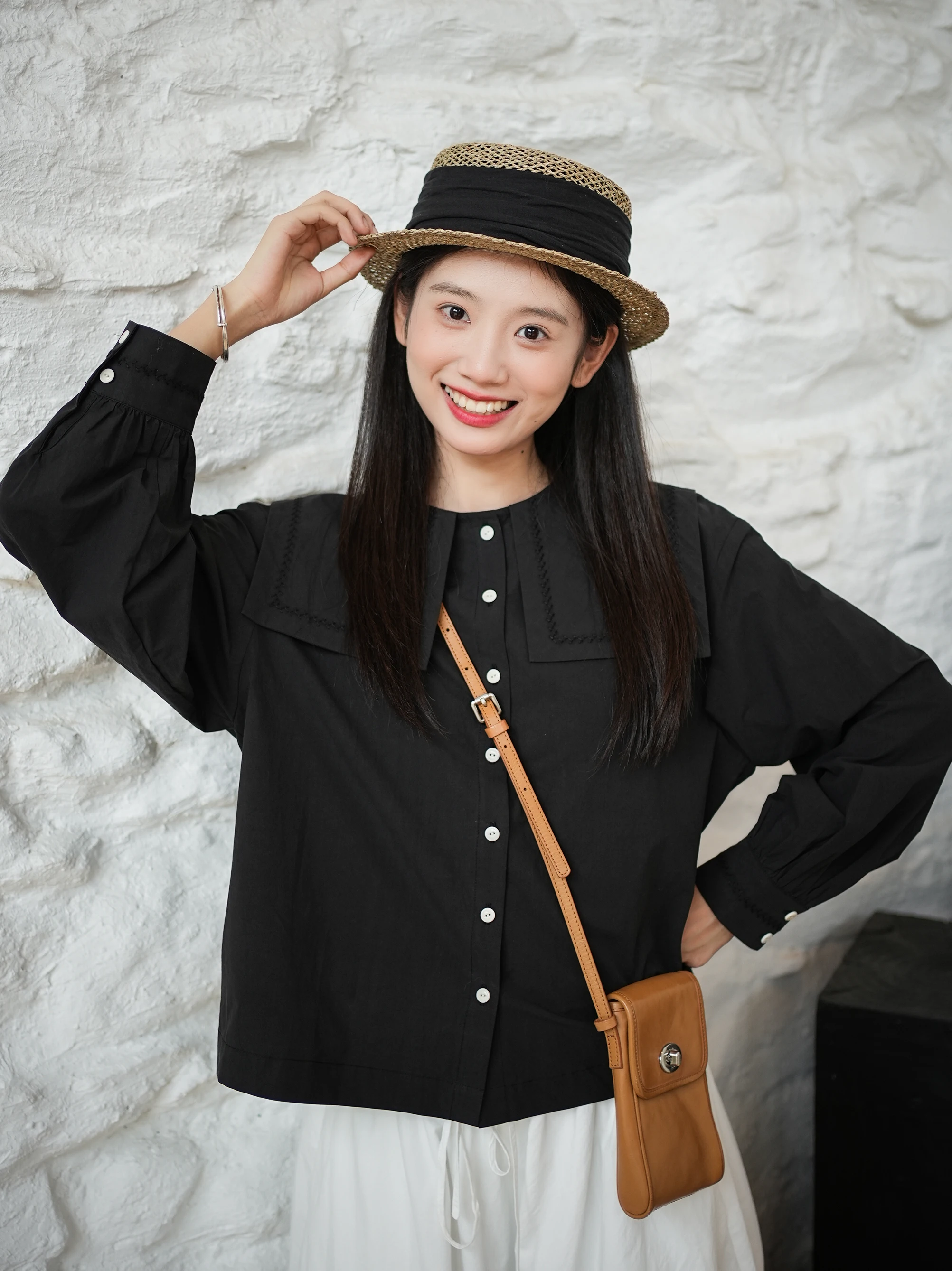 

Naval Sle Large Collar irt Women's Faion Early Autumn Layering Top Small Chest Flattering Cotton Long Sve Button up
