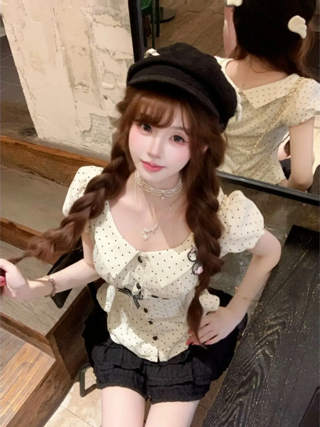 Summer Slimming Design Sweet School Girl Style Polka Dot Top And Skirt Set Women's Fashion Bubble Sleeve High Waist Ensemble