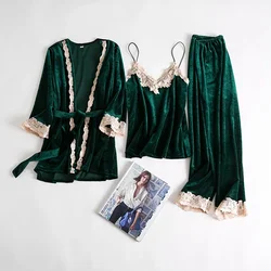 Green Velour Pajamas Suit Lady 4PCS Pijamas Shirt&pants Sleep Set Autumn Warm Robe Gown Nightwear Velvet Sleepwear Home Clothing