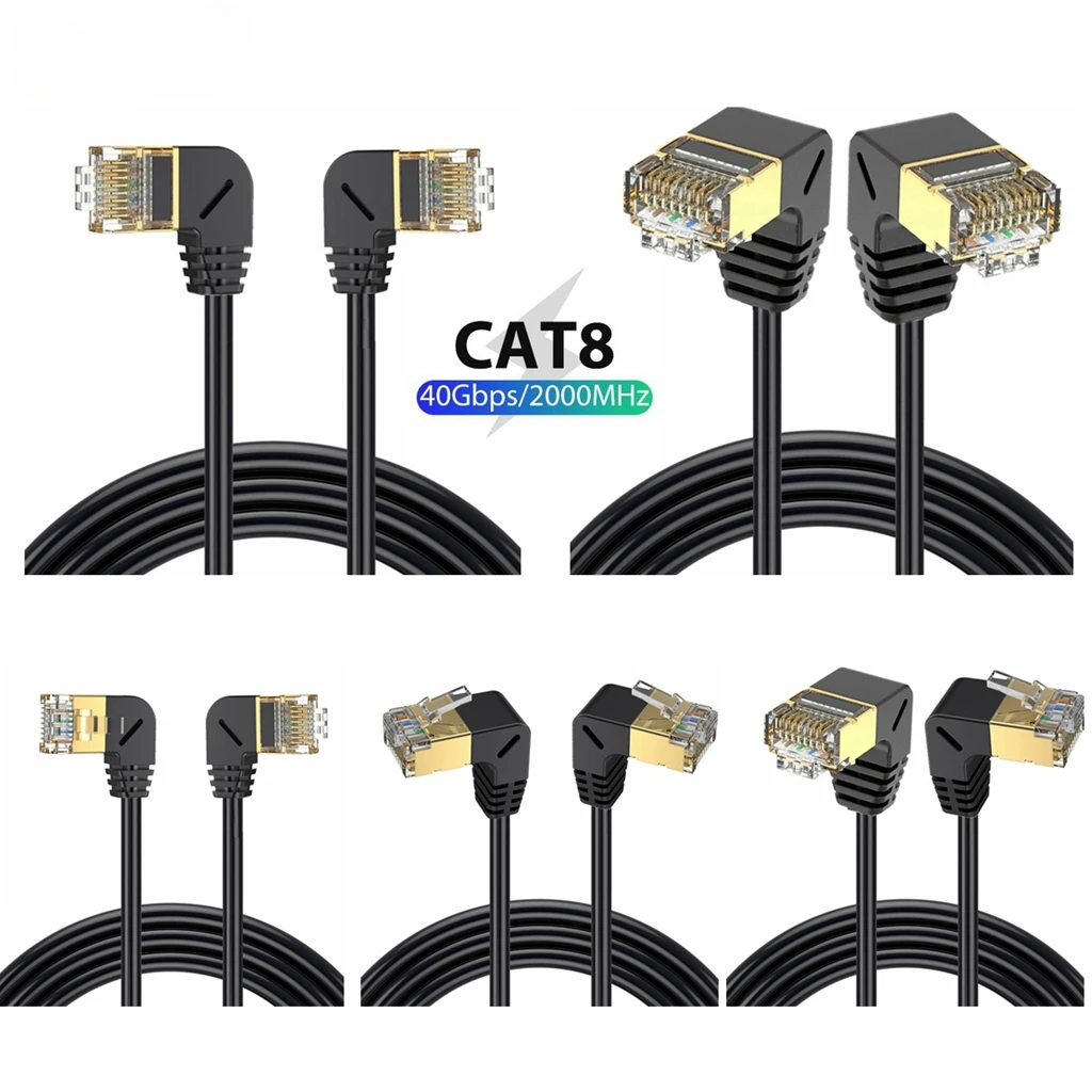 Cat8 kabel Ethernet SFTP 40Gbps 2000MHz Cat 8 RJ45 sieć Lan 90 stopni w górę w dół lewego prawego kąt do internetu RJ45 Superfine Cable