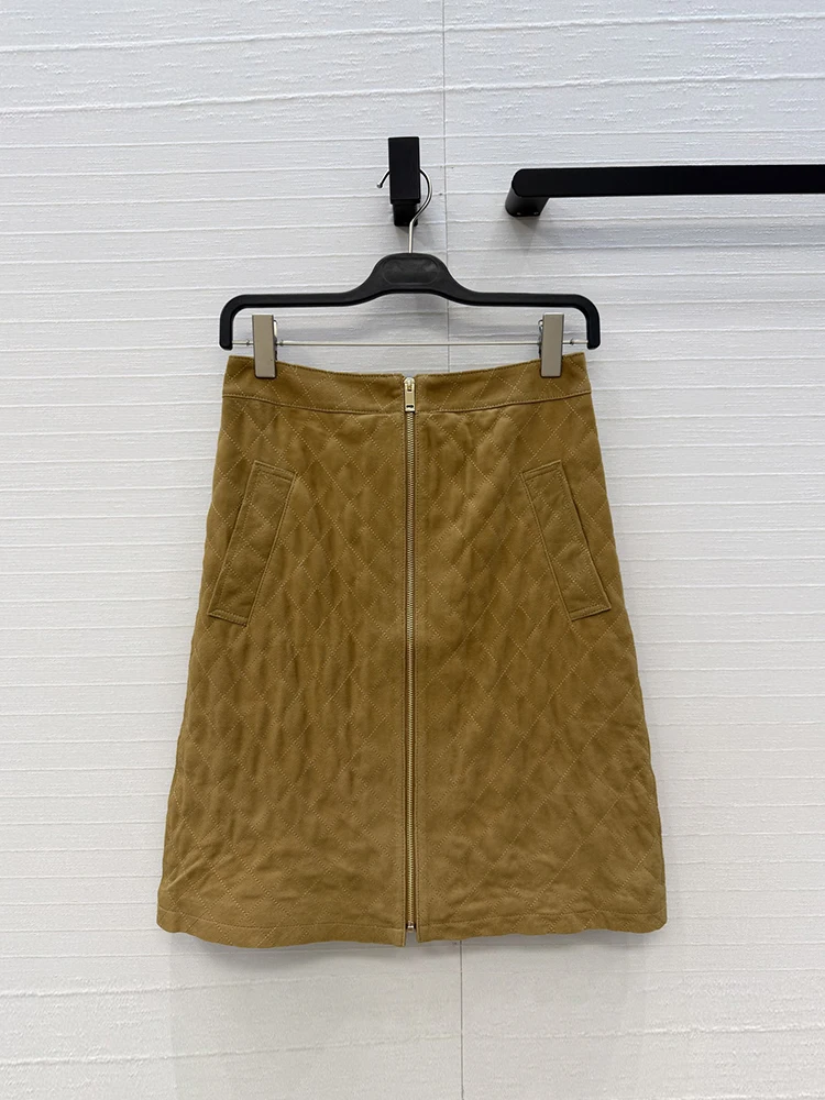 Spring Summer Fashion Golden Brown Vintage Suede Nap Knee-Length Skirt Women's Middle Waist Zippers Slim Buttock Covering Skirt