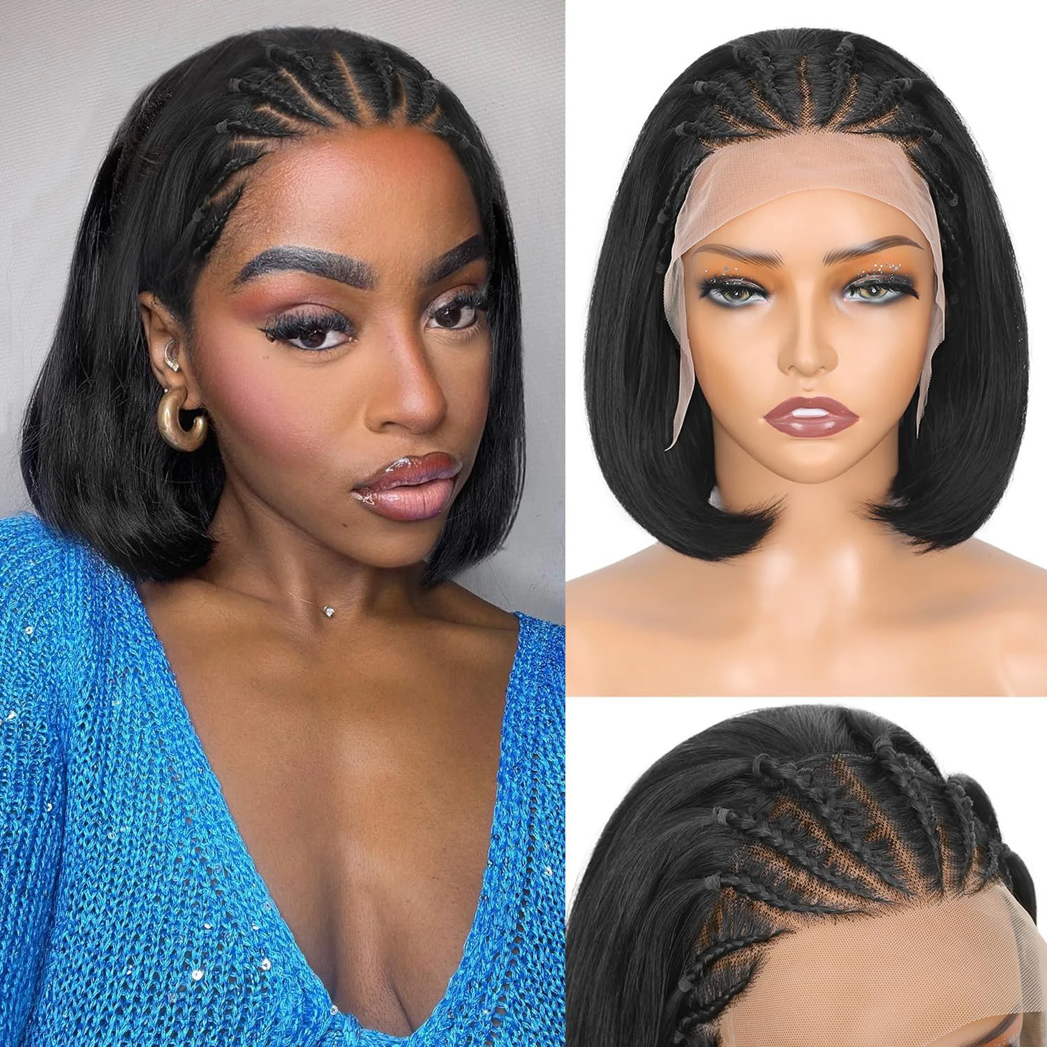 

13x6 Glueless Bob Lace Front Wigs for Black Women Synthetic Lace Wig Cornrow Bob Braided Wigs Natural Short Straight Bob Wigs