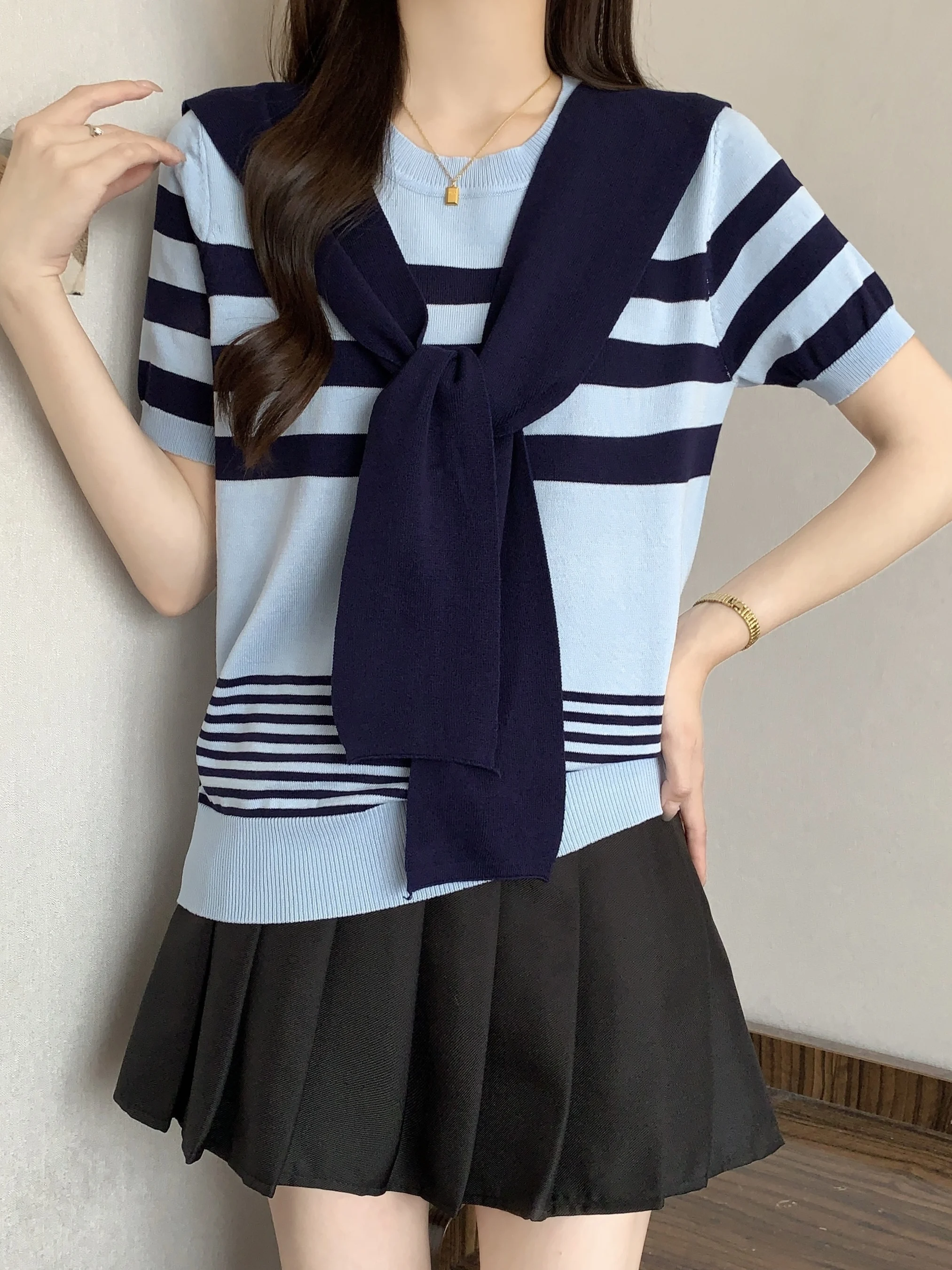 

Summer Ice Silk Short Sleeve T-Shirt Women's plus Size Striped Base Shirt Fake Two-Piece Shawl Casual Loose Knitted Top