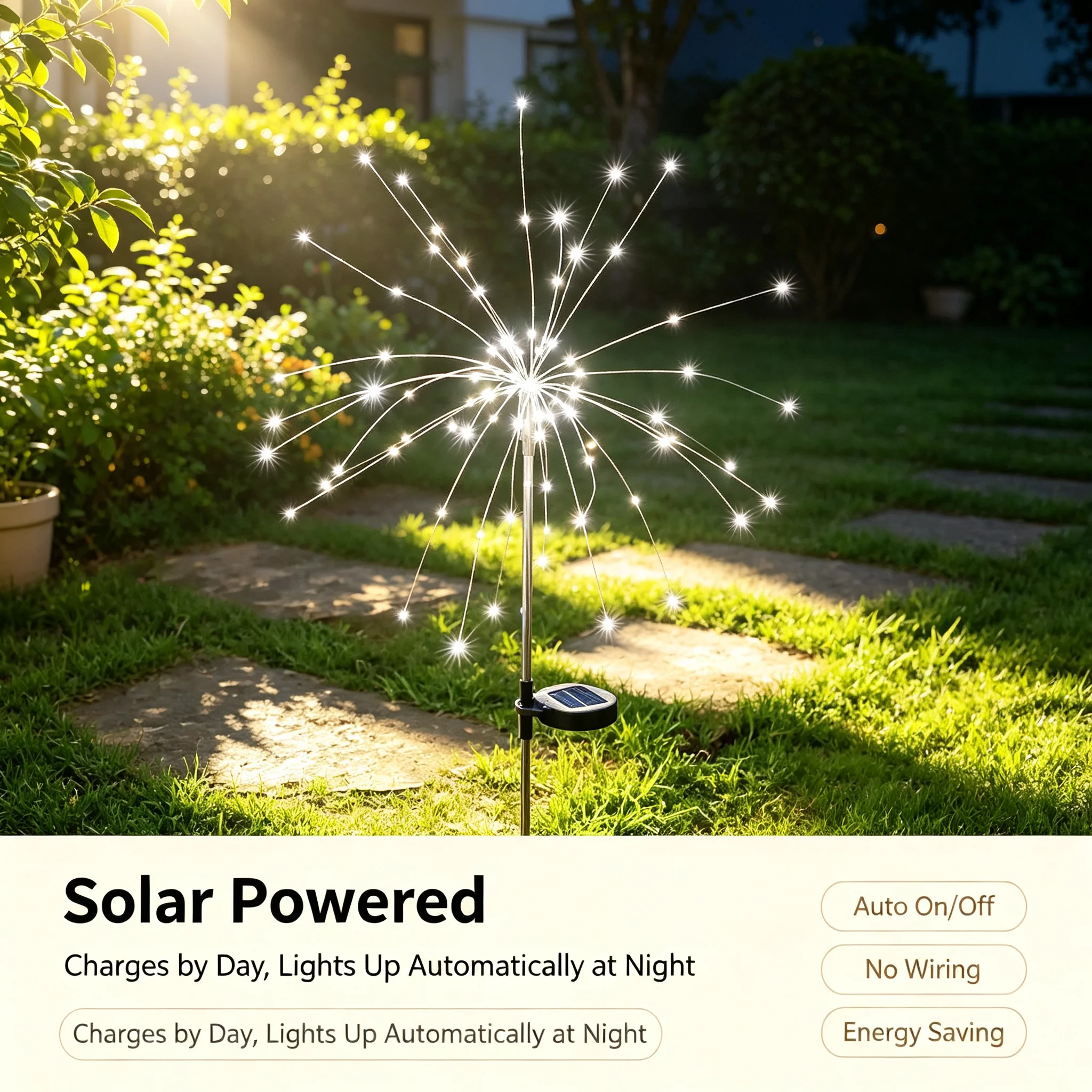 2 Pack Solar Firework Lights Outdoor, LED Starburst Ground Stake Lamp, Waterproof 8 Modes Solar Powered String Light for Garden