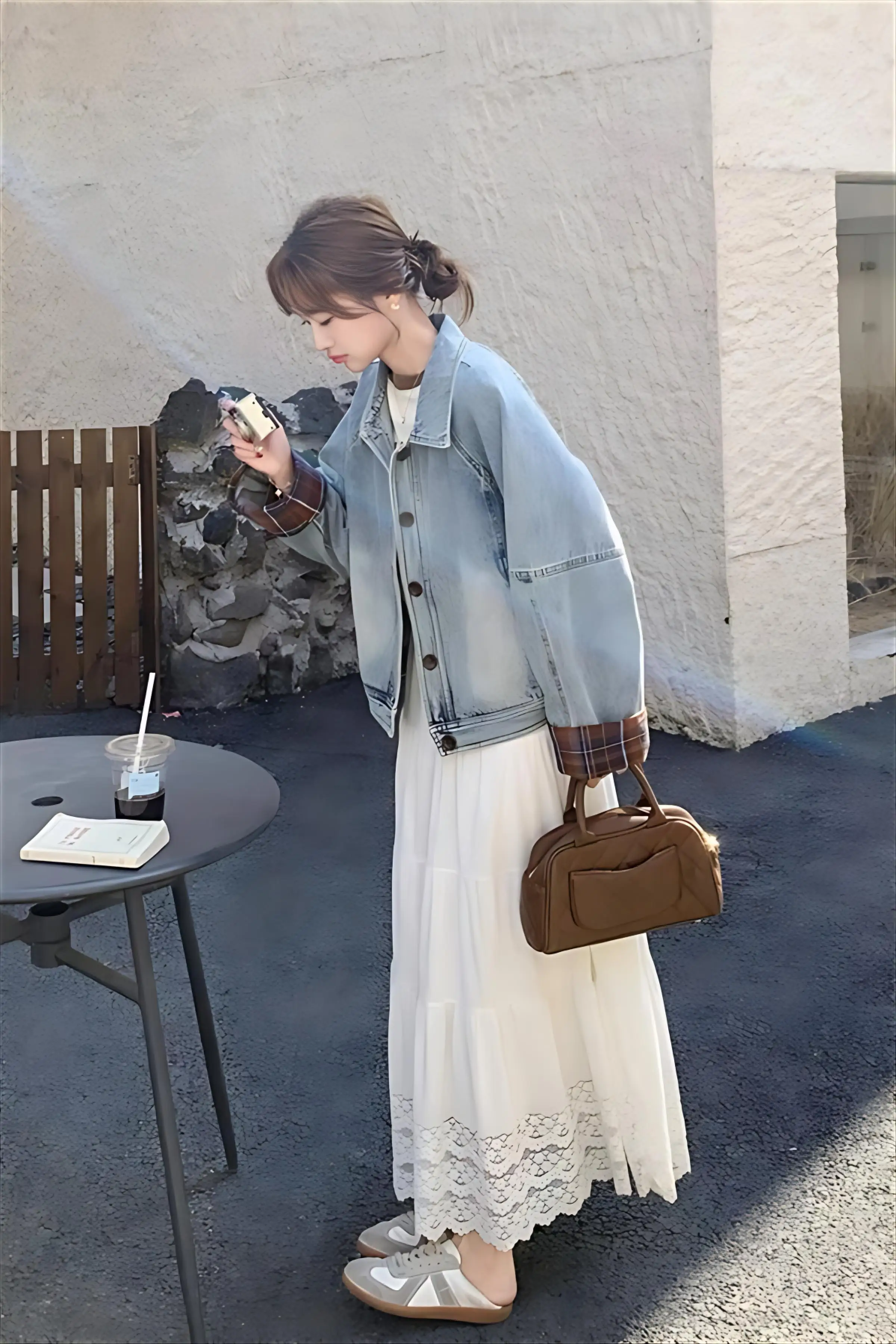 

Denim Coat Brown Color Womens Autumn Cozy Buttoned Woolen Leisure Slim-Fit Notched Temperament Fitted Appliques Patchwork Jacket