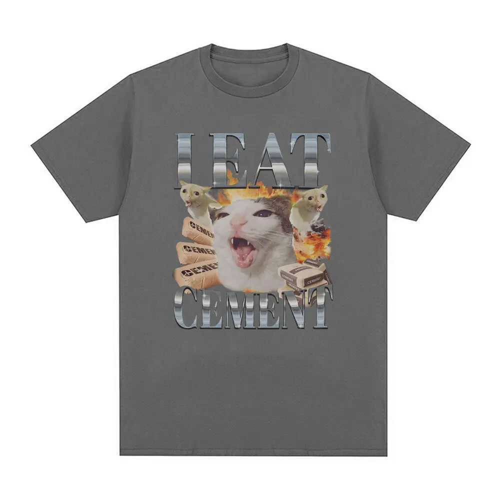 I Eat Cement Cursed Cat Funny Meme T Shirt Men's Women Clothing Fashion Tide Short Sleeve T Shirt Print Cotton Casual Loose Stye