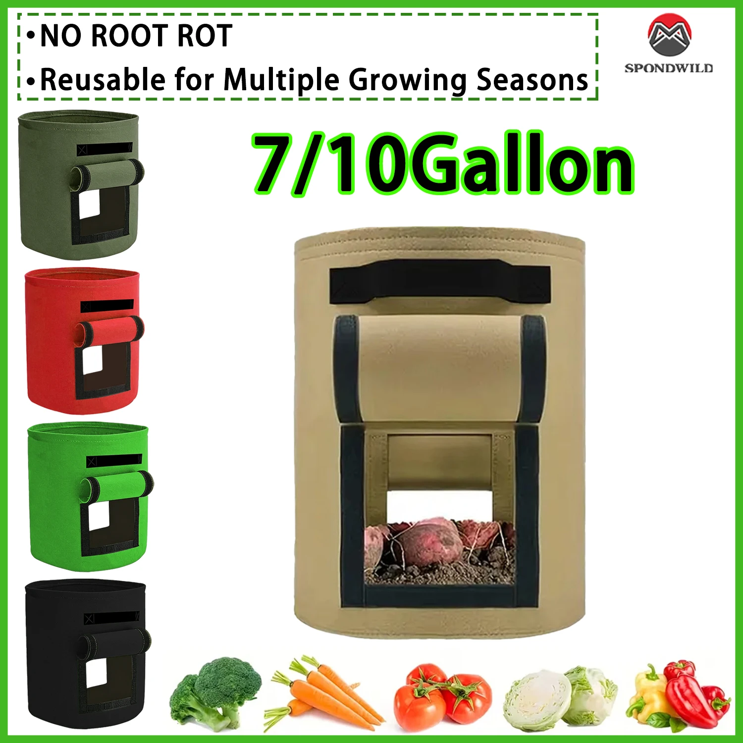 SPONDWILD 7/10 Gallon Grow Bags with Handles for Vegetables, Potato & Strawberry, Garden Planting Bags