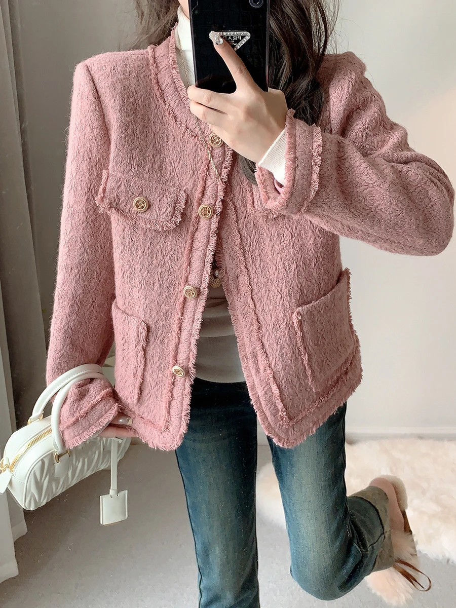 New High End Pink Tweed Jacket Women Small Fragrance Autumn Winter Long Sleeve Tassel Korean Fashion Coat Elegant Outwear Tops