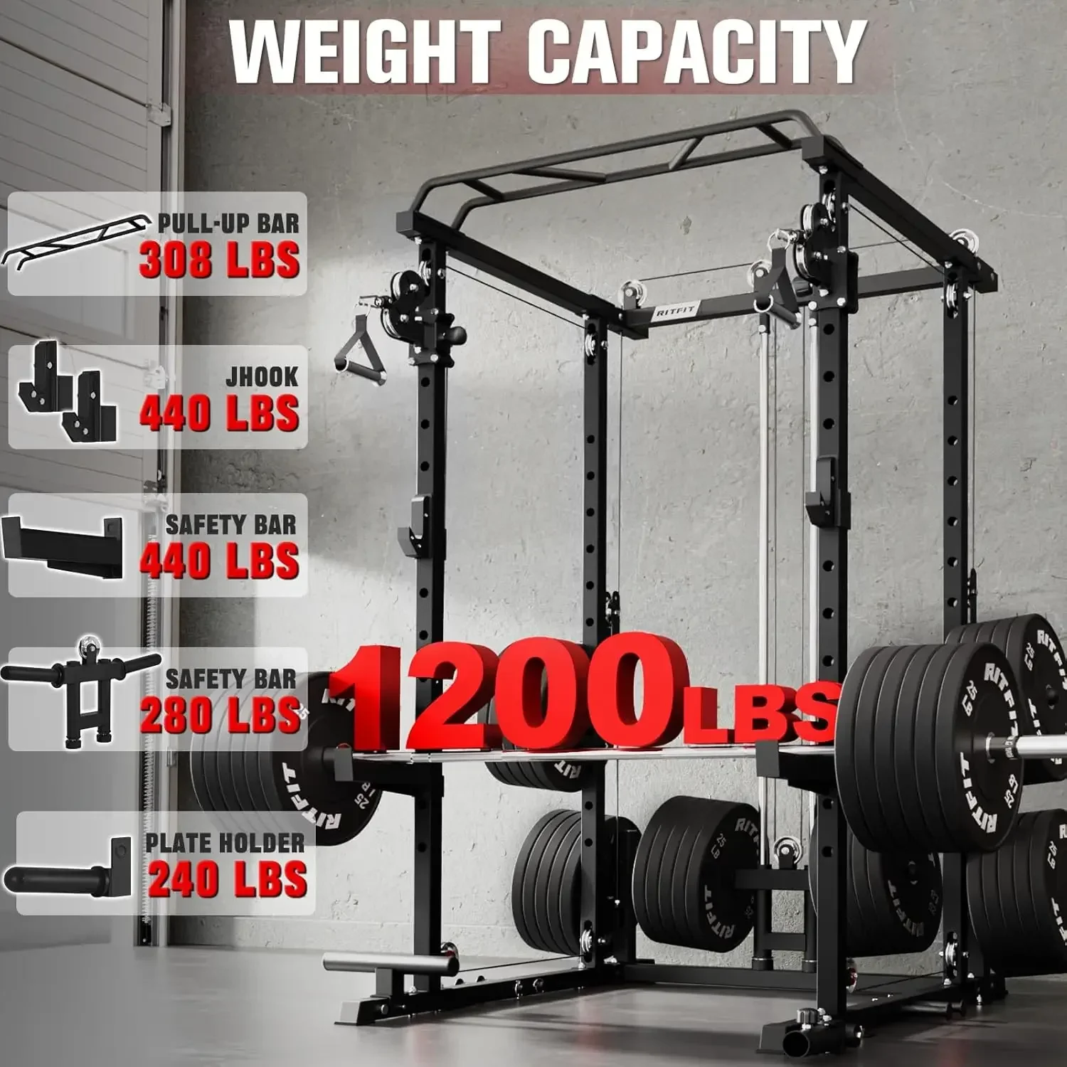 Multi-Function Garage & Home Gym Package Includes 1200LBS Power Cage PPC03/P3 with Cable Crossover System, Weight Bench, Olympic