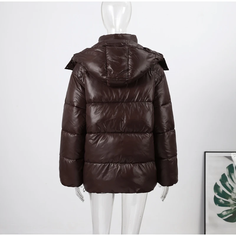 Glossy Cropped Hooded Puffer Coat Drawstring Hem Zip-Up 2026 Winter Women Warm Padded Jacket Warm Causal Lady Cotton‑Padded Coat