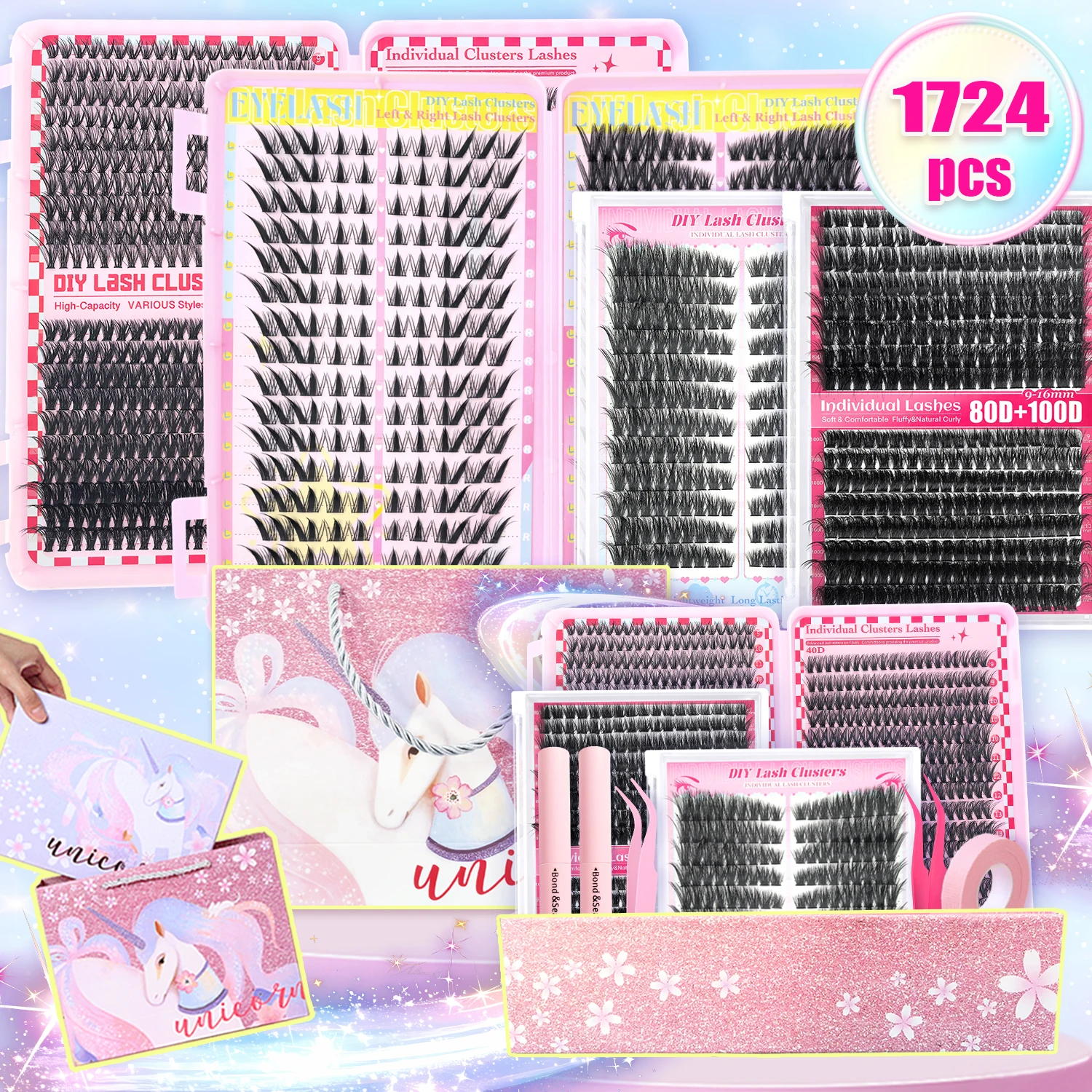 1724 pcs Lash Clusters Kit D Curl 8 Styles Lashes Clusters Kit with Bond&Seal Applicator set and Lash Tape DIY Eyelash Extension