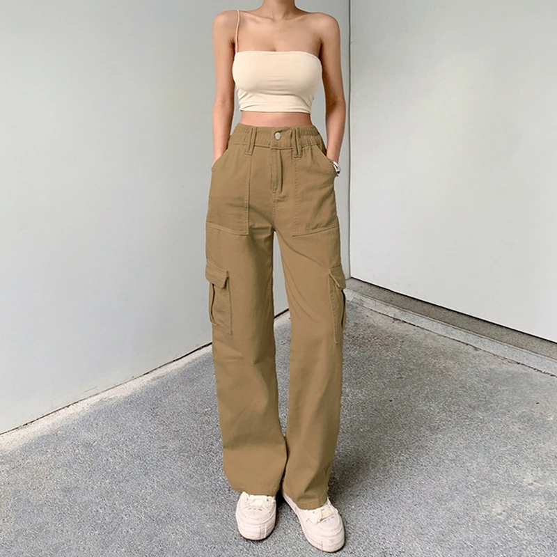 

Retro Women High Waist Denim Pants Solid Color Straight Leg Boyfriend Vintage Relaxed Fit Cargo Jeans Streetwear with Pockets