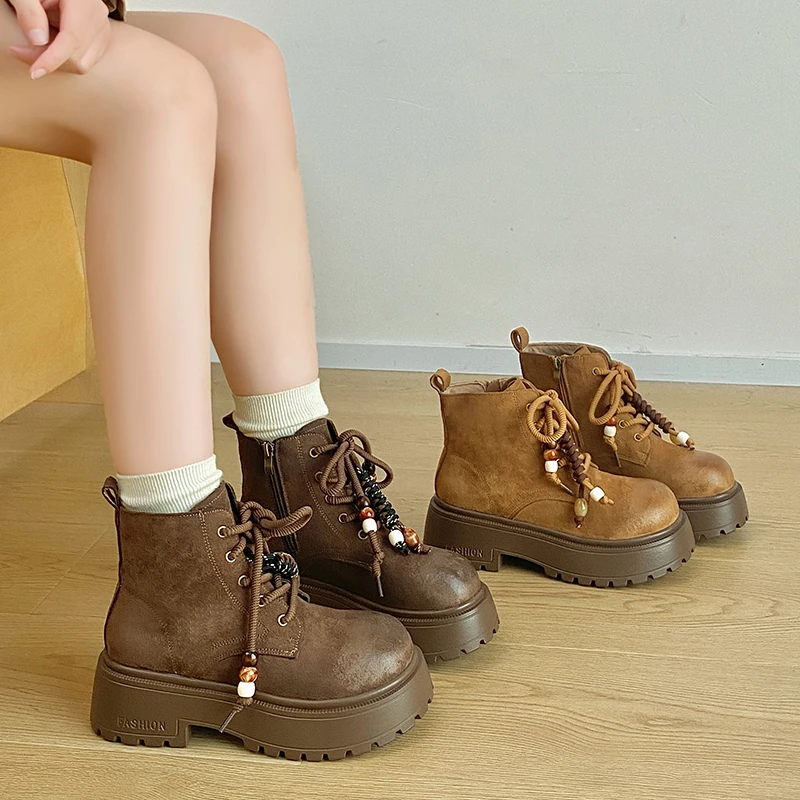 

Осень/зима 2021, модные женские короткие ботинки на платформе для отдыха, универсальные однотонные модные ботинки в британском стиле ретро