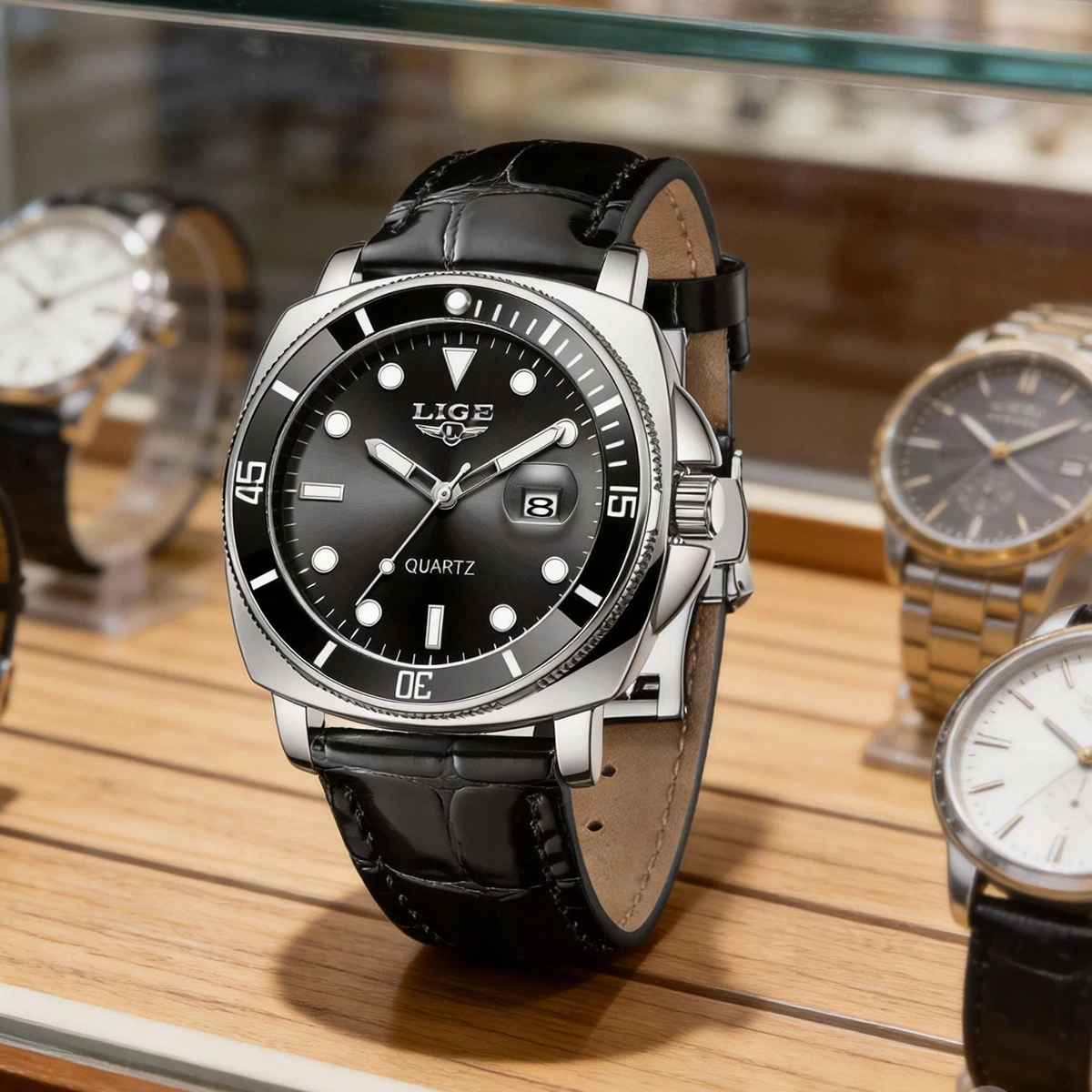 

Мужские кварцевые часы LIGE Fashion: повседневные, светящиеся, с календарем, зеленые, водонепроницаемые, спортивные, наручные