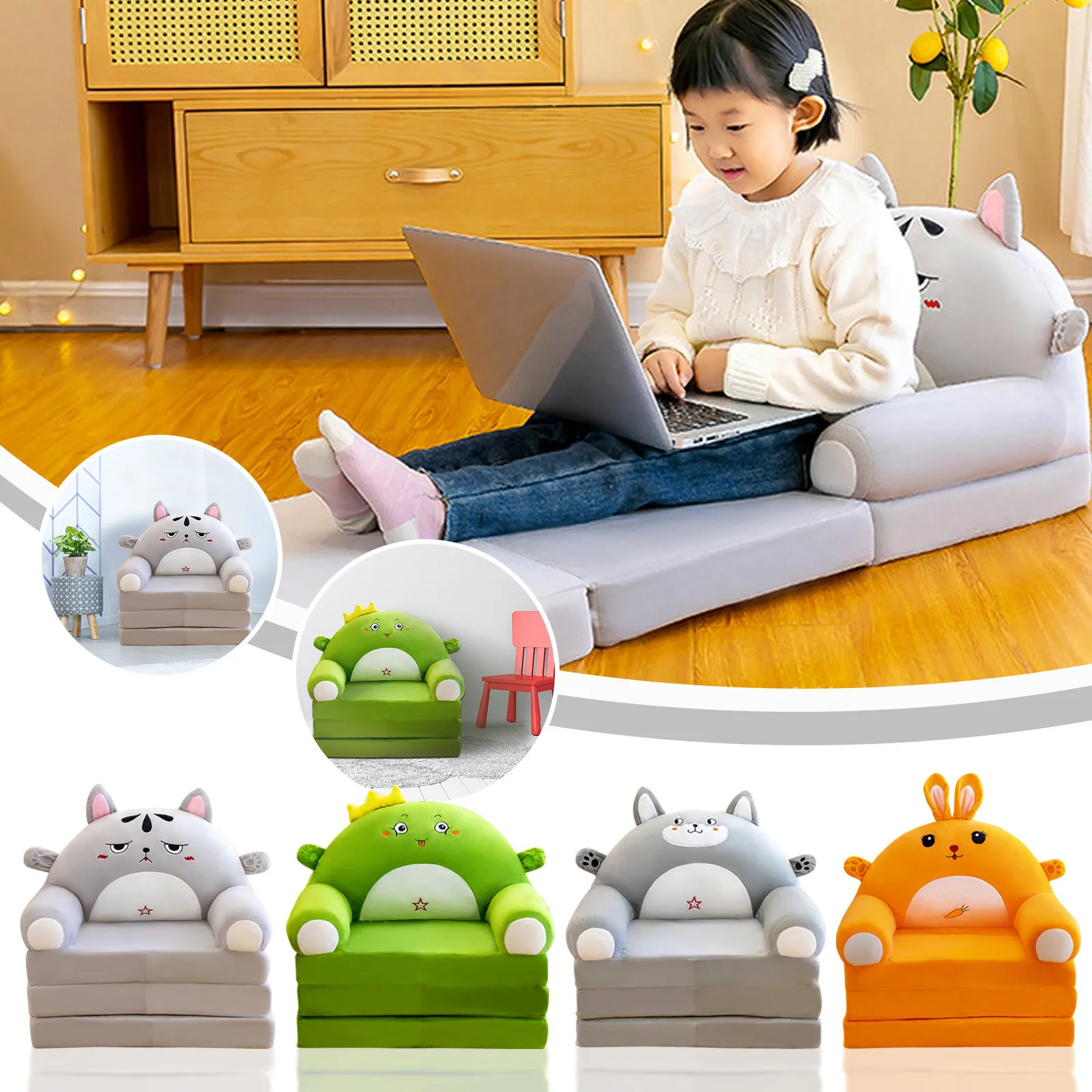 Plush Sofa Backrest Armchair 2 In 1 Foldable Cute Cartoon Lazy Sofa Children Flip Open Sofa Bed For Bedroom Folding Sofa Bed