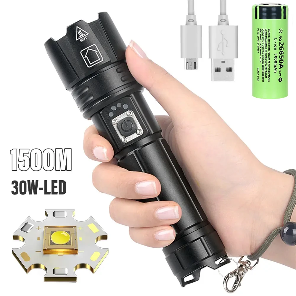 Super Bright LED Flashlight USB Rechargeable Torch Light With 30W LED Can Illuminate 1500 Meters Tactical Lantern