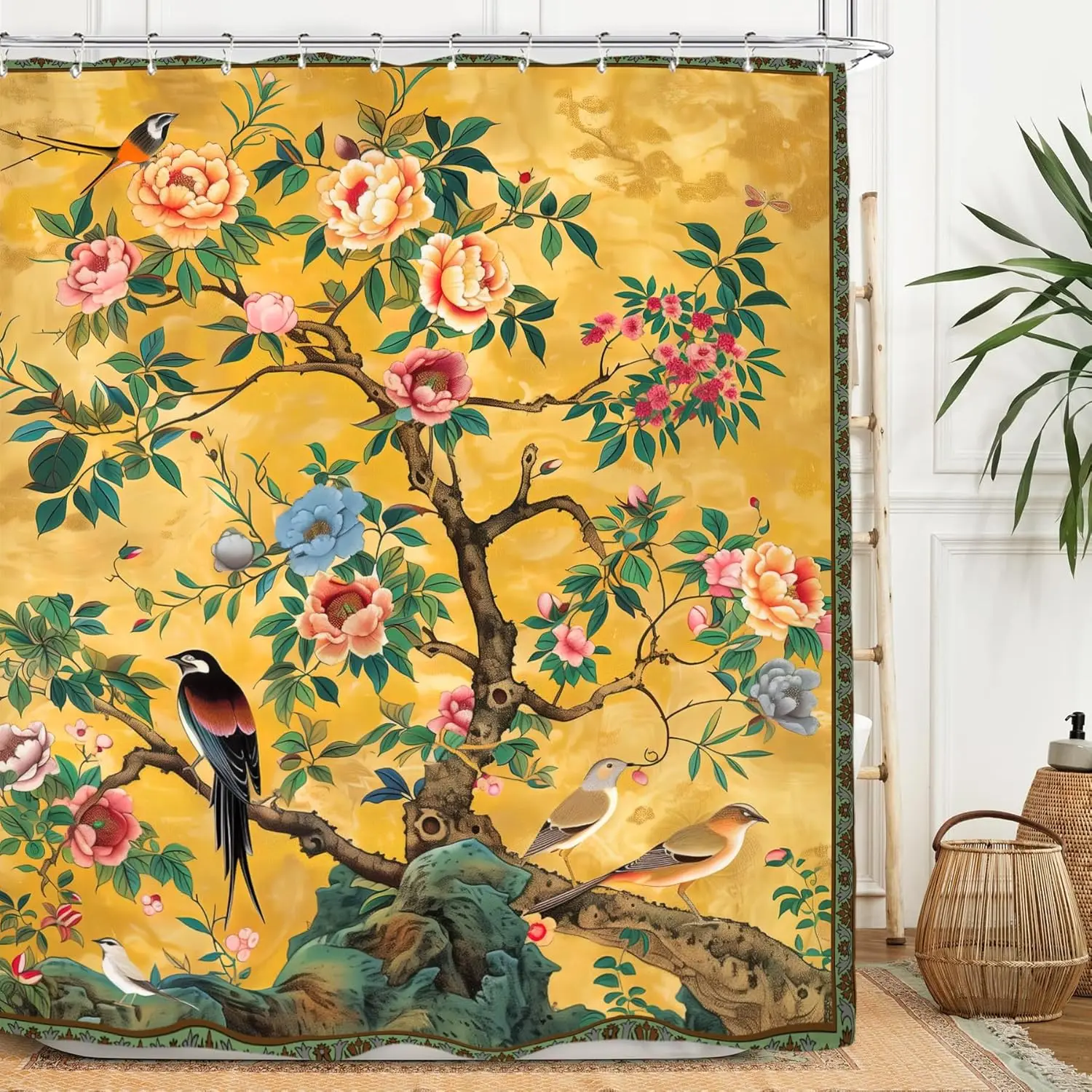 

Vintage Flower Shower Curtain Set Birds Retro Blossom Yellow Indian Bohemian Peony Polyester Waterproof Bathroom Curtain