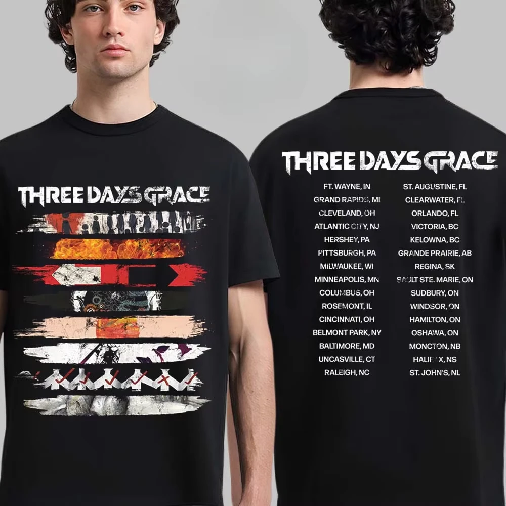 Multi-Element Brushstroke Print T-Shirt Rockband Streetwear Lässiges Unisex-Oberteil für Fans Three Days Grace Tourdaten Grafik-T-Shirt