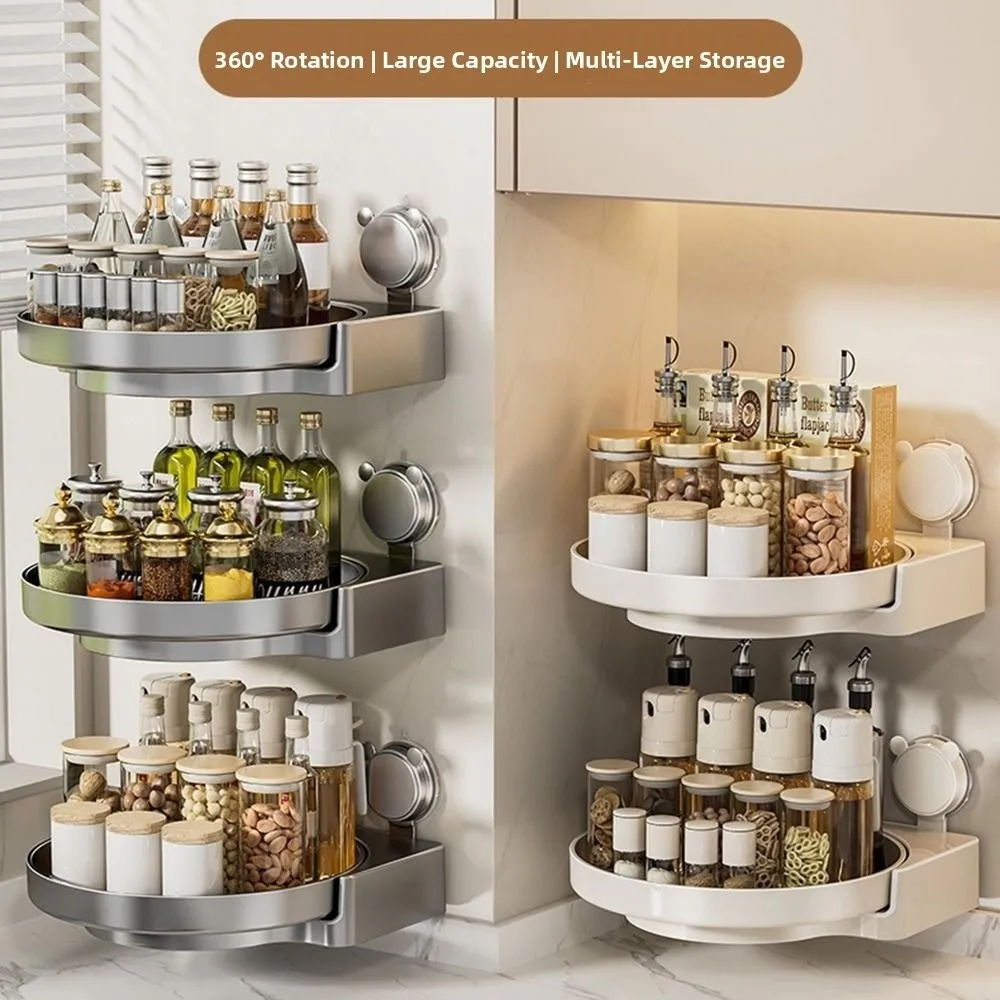 

Suction Cup Wall-mounted Rotating Storage Tray Waterproof Large Capacity Kitchen Storage Shelf Strong Load-Bearing Rust-proof