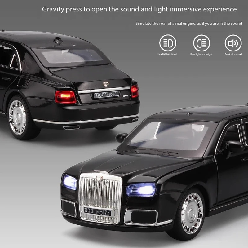 Diecast 1:24 Presidential Car Aurus Senat Russian Simulation Alloy Car Model With Lights Children's Toy Holiday Gifts Toys