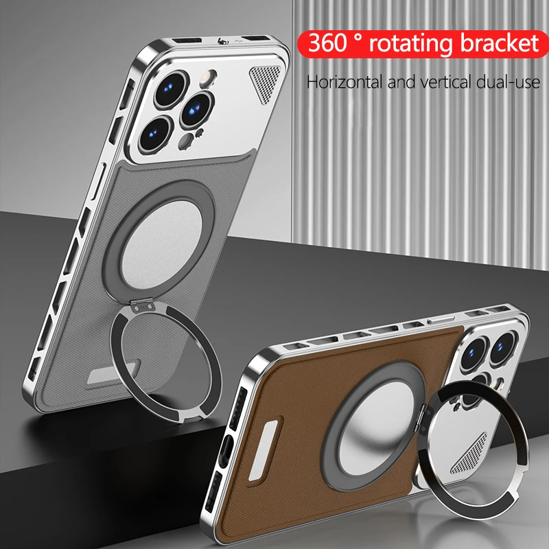 جراب هاتف بحامل مشبك معدني مغناطيسي فاخر من الجلد ، حماية لعدسة الألومنيوم ، أغطية ضد صدبات ، iPhone 15 ، 14 ، 13 ، 12 Pro Max