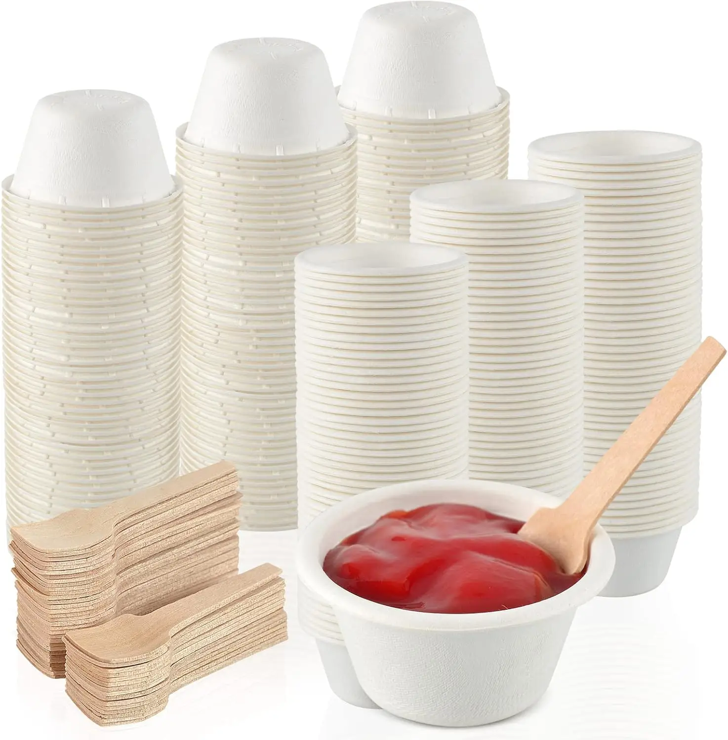 

200 Set Paper Souffle Portion Cups - 2 oz, Disposable, with Wooden Spoons - Perfect for Chili Cook Off Party Supplies