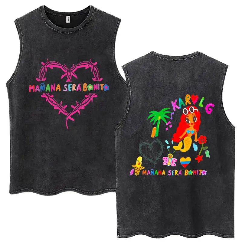 90s Karol G Manana Sera Bonito Washed Tank Top Harajuku Trendy Hip Hop T-shirts Men Women Loose Soft Cotton T Shirts Streetwear