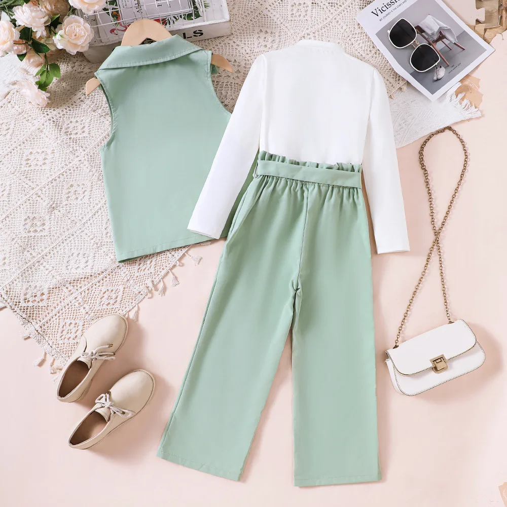 2024 Clothing Set Girls Long Sleeve Print Heart T-shirt Sashes Green Pants Cute 3 Pcs Sets Casual Girls Clothes Set 7-14T